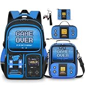 SZWNHS Boys Backpack with Lunch Box Set, 4 PCS Gamer School Bookbag for Boys, Gray Gaming Element...