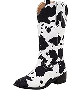 Cozivwaiy Cow Print Boots Women Studded Riding Boots Mid Calf Buckle Biker Boots Chunky Heel Moto...