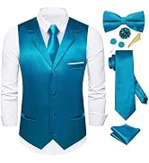 Dubulle Mens Satin Vest and Tie Solid Suit Waistcoat and Pre-tied Bowtie Set for Men Lapel Pin We...