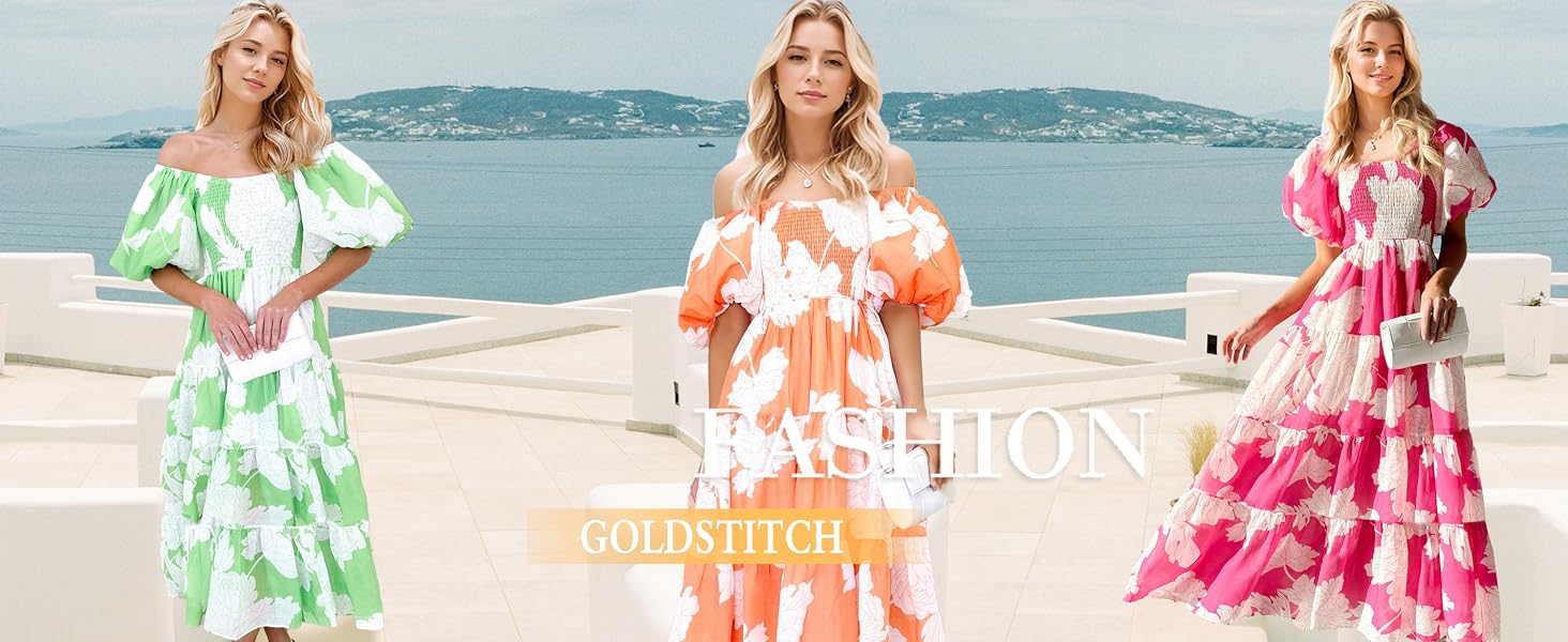 Womens Puffy Short Sleeve Smocked Maxi Dress