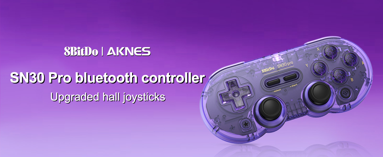 Text reads '8BitDo / 8KN65 SN30 Pro bluetooth controller'. Transparent purple game controller with dual analog sticks and multiple buttons visible against purple gradient background.
