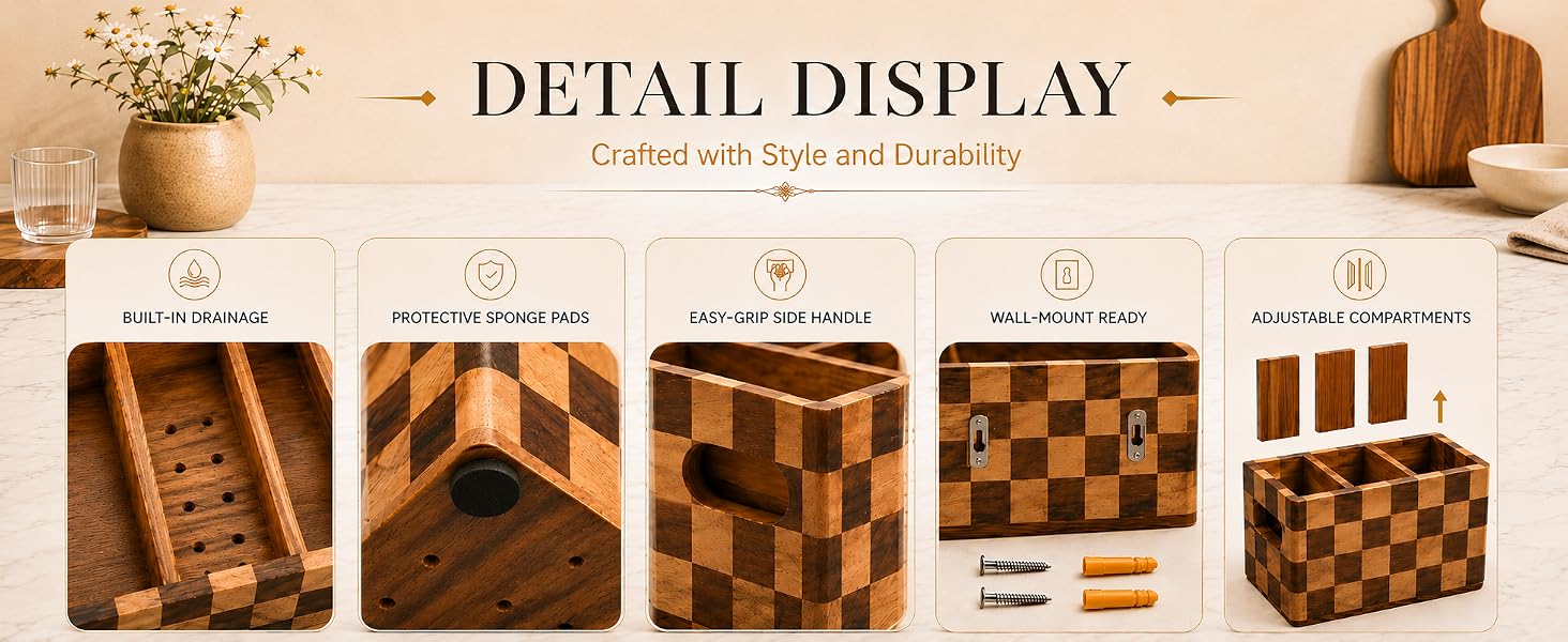 Acacia Wood 4 Compartment Detachable Wooden Utensil Organizer