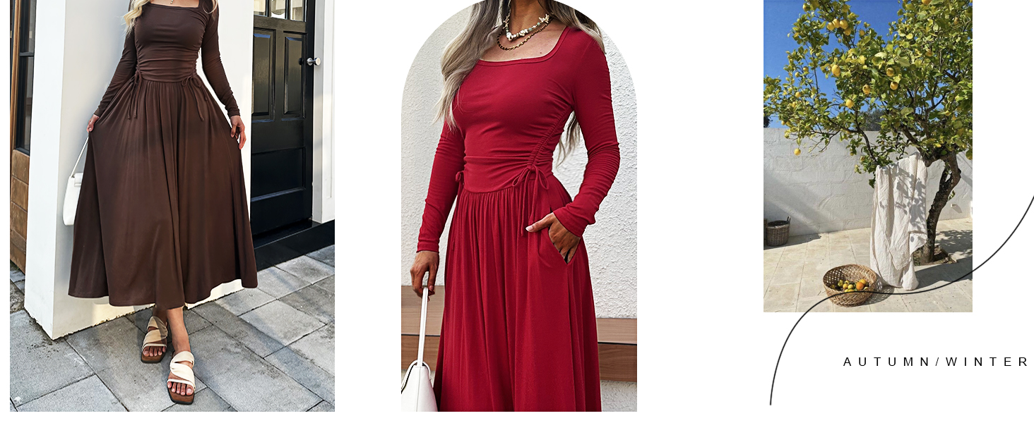 Women’s Long Sleeve Square Neck Maxi Dress Adjustable Waist Tie Casual