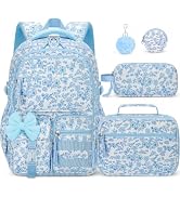 SZWNHS Girls Backpack with Lunch Box, 4 PCS Corduroy Pink Bow School Bookbag for Girls, Cute Elem...