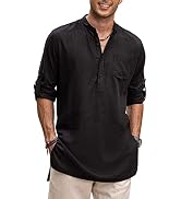 COOFANDY Men's Linen Henley Shirts Long Sleeve Collarless T-Shirts Longline Kurta Beach Shirts wi...