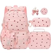 SZWNHS Girls Backpack with Lunch Box, 4 PCS Corduroy Beige Cherry School Bookbag for Girls, Cute ...