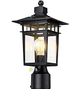 17" Motion Sensor Outdoor Post Lights, Dusk to Dawn Lamp Post Light Fixture with Tempered Glass, ...