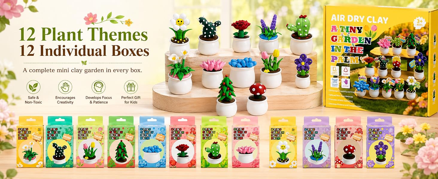 12 individual plant-themed clay craft boxes Each box is one complete mini potted plant project