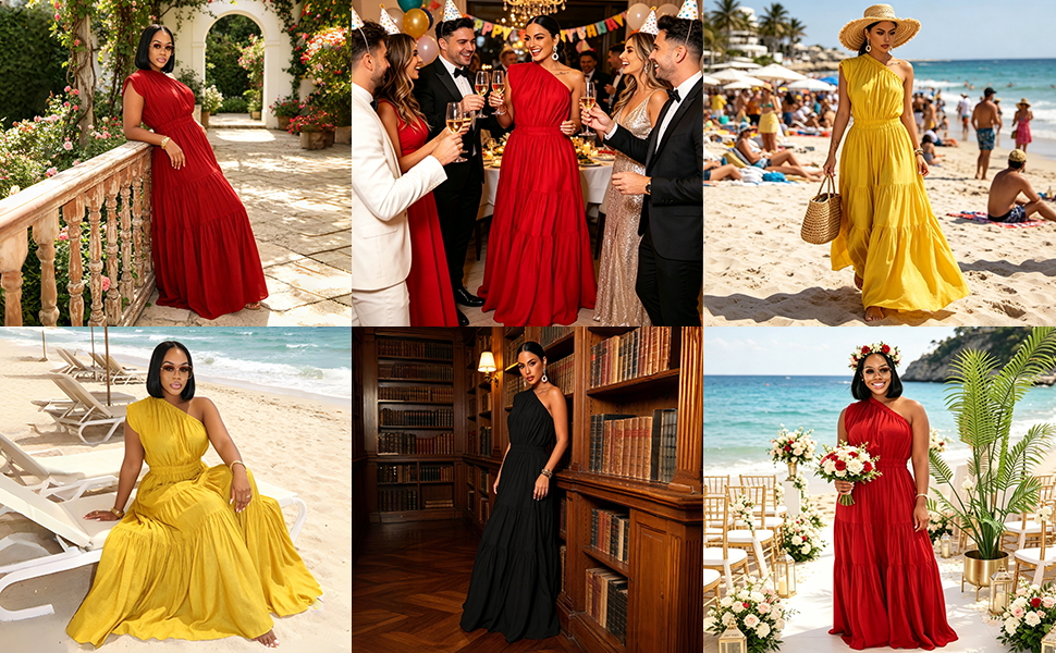 Womens One Shoulder Tiered Midi Dress Elegant Formal Long Dresses Wedding Guest Sun Dresses
