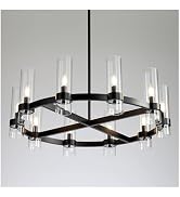 AEULYTIR 22 Inch Black Wagon Wheel Chandelier with Glass Shade, 6 Lights, Modern Farmhouse Style,...