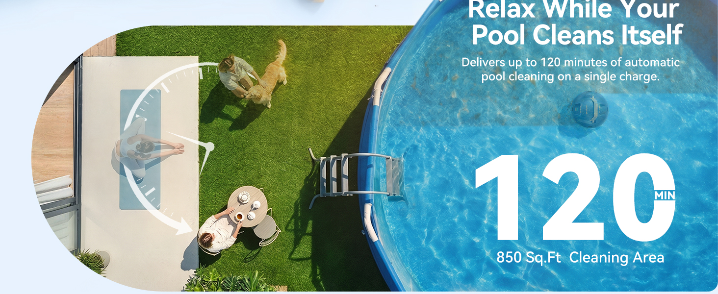 up to 120 minutes pool cleaning time on a single charge