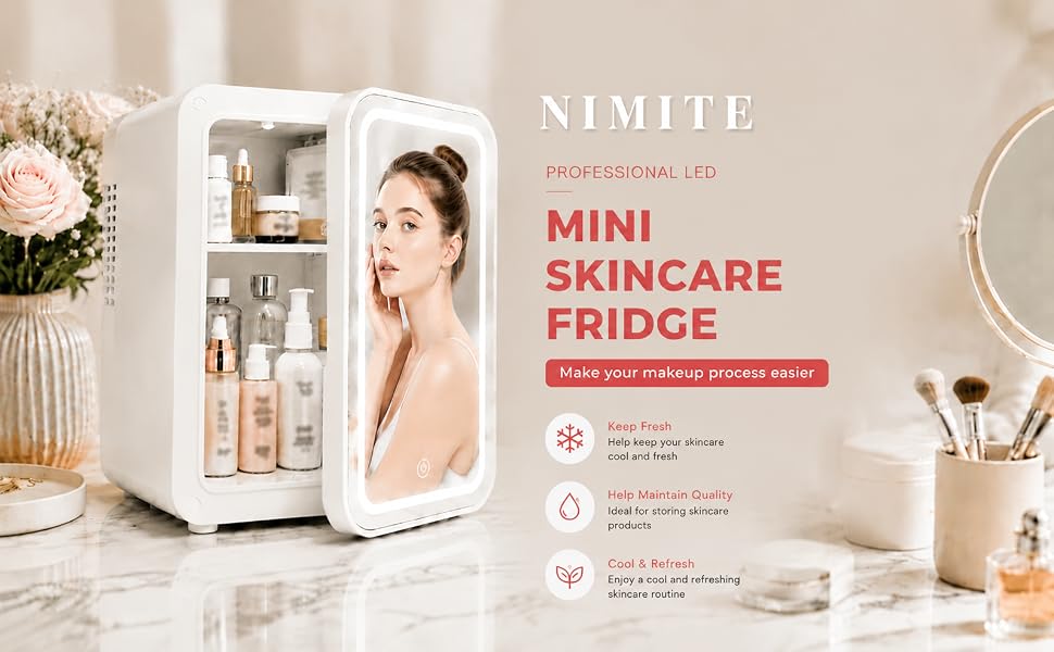 White LED mirror mini skincare fridge on vanity table