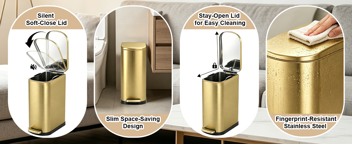 ELPHECO Bathroom Trash Can with Lid Soft Close 1.8 Gallon / 6.8 Liter gold 2