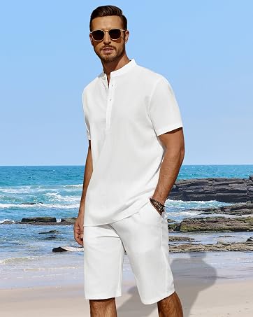 COOFANDY Men's Casual Henley Shirt Short Sleeve Summer Shirts Linen Band Collar Summer Beach Hipp...