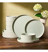 Famiware Star 12-Piece Stoneware Dinnerware Set for 4 – Brown, Ceramic Ribbed Plates and Bowls – ...
