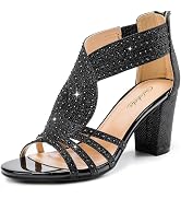 Gufobela Women's Rhinestone Sparkly Chunky Block Heel Sandals Open Toe Dressy Shoes with Zipper C...