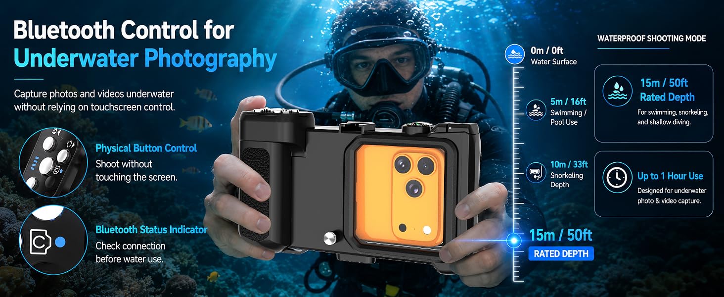 15m waterproof phone case with Bluetooth buttons for underwater photo capture