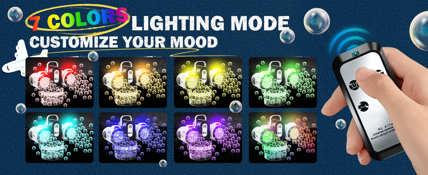 Text: 'COLOR LIGHTING MODE'. Interface showing multiple color lighting options with remote control functionality demonstrated on mobile device.