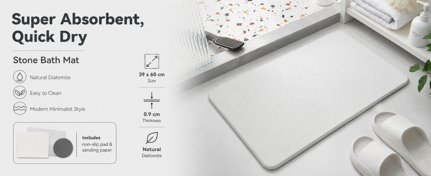 Text reads 'Super Absorbent, Quick Dry' and 'Stone Bath Mat' with icons showing fast absorption, quick drying, easy cleaning features, and product specifications. Close-up of textured gray stone bath mat.