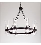 AEULYTIR 32 Inch Black Wagon Wheel Chandelier with Glass Shade, 10 Lights, Modern Farmhouse Style...
