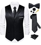 Dubulle Mens Satin Vest and Tie Solid Suit Waistcoat and Pre-tied Bowtie Set for Men Lapel Pin We...