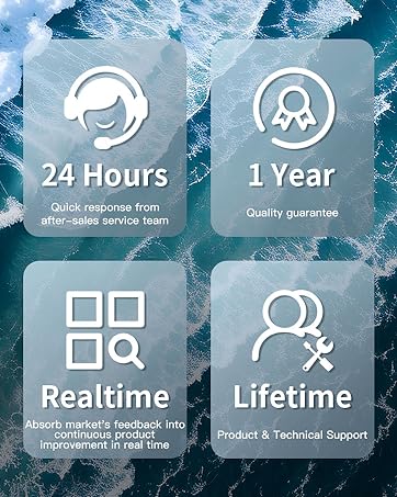 Four service icons on a ocean background: '24 Hours' quick response, '1 Year' quality guarantee, 'Realtime' market feedback, and 'Lifetime' product support.