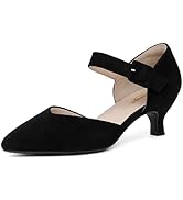 RIBONGZ Comfortable Kitten Heels for Women Pointed Closed Toe Ankle Strap Buckle Heels Slip on Lo...