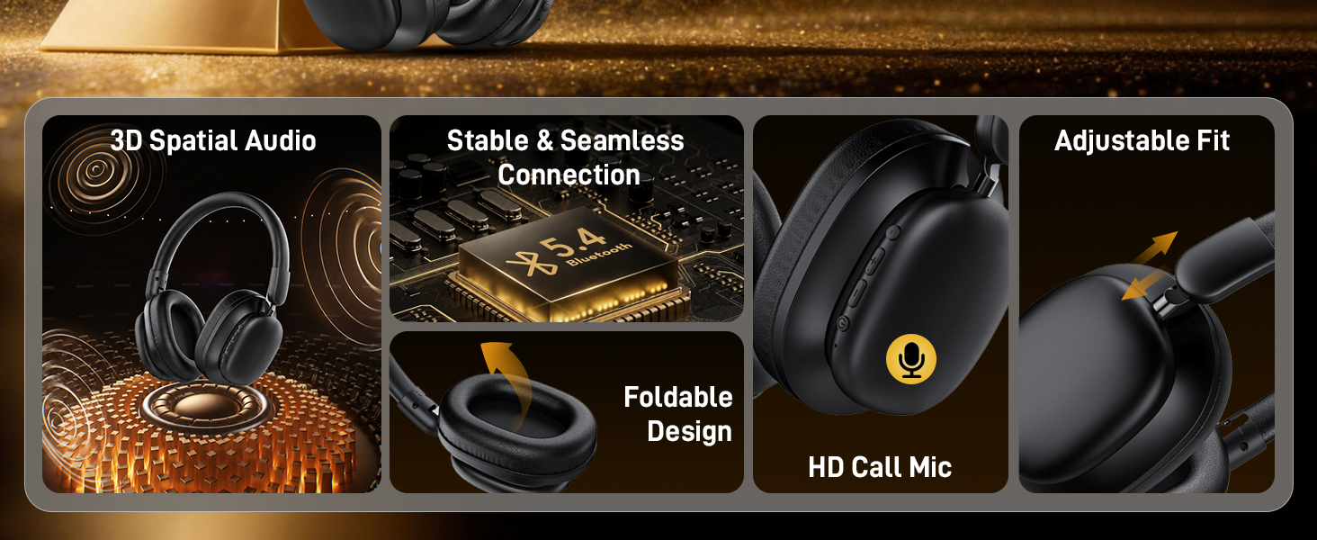 Four black over-ear headphones displayed in grid layout. Text visible includes product model numbers and specifications: 'DJ Series Audio', 'Studio & Monitoring', 'Audiophile P3', 'HD Call Mic'. Professional audio equipment lineup.