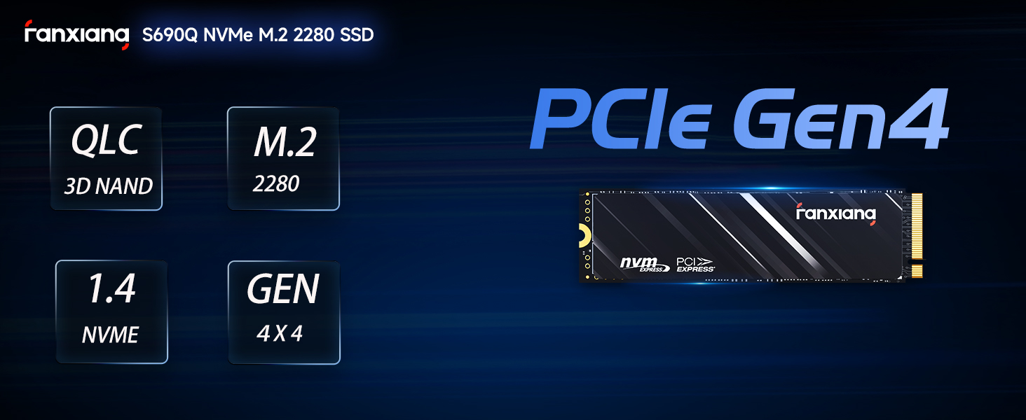 Technical specifications for a PCIe Gen4 storage device, displaying features like 3D NAND, M.2 2280 form factor, and NVMe 1.4 protocol support.
