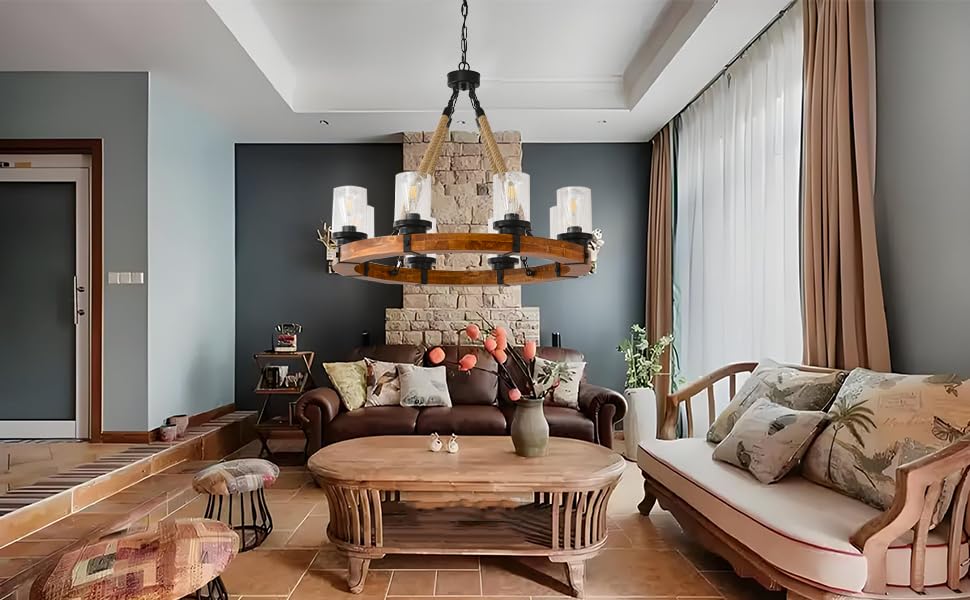 8 Light Round Wagon Wheel Chandelier