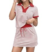 KOLAOYEP Womens Striped 2 Piece Outfits Polo Neck Short Sleeve T Shirt Skirt Set - Casual Lounge ...