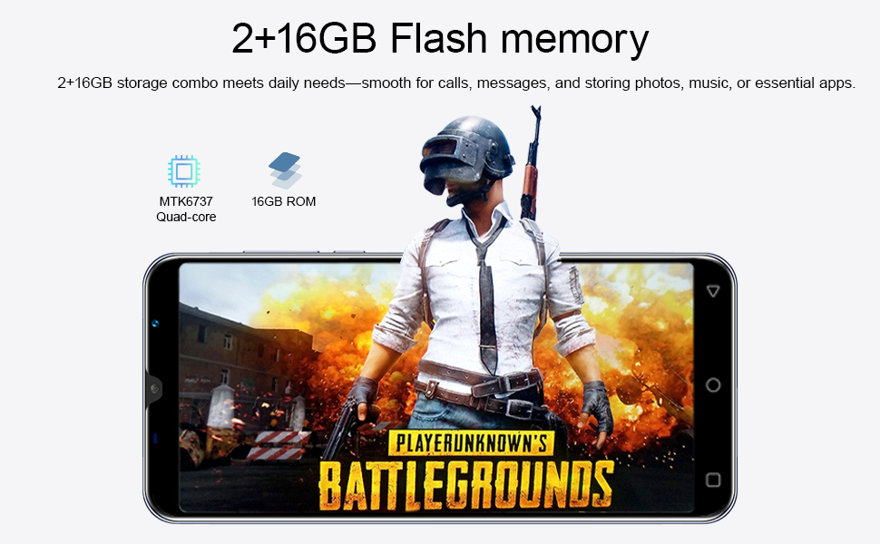 Text reads: '2+16GB Flash Memory'. Mobile gaming advertisement showing PLAYERUNKNOWN'S BATTLEGROUNDS gameplay on smartphone screen with action scene and explosions.
