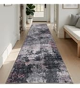 Sasttie 2x12 Runner Rug, Modern Abstract Hallway Rug, Black & Pink | Ultra-Soft Faux Wool, Machin...