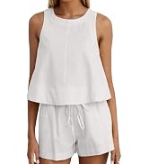 Ythomm Womens Two Piece Lounge Sets Round Neck Peplum Tops High Waist Linen Shorts Summer Matchin...