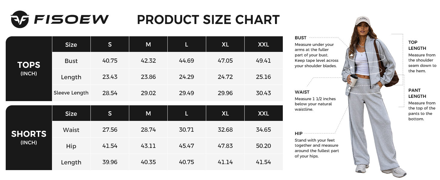 Product size chart with garment measurements and fitting guidance