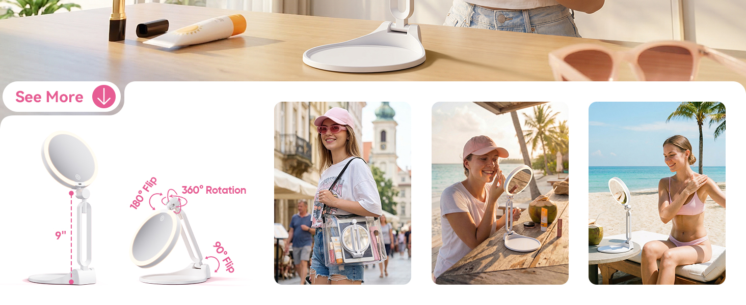 ergonomic height adjustable up to 9 inches and 180/360 degree rotatable travel mirror