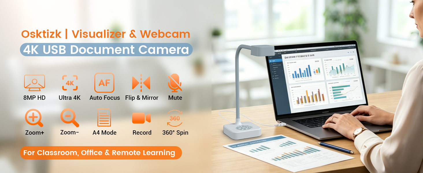 8MP USB Document Camera for Live Demo, Web Conferencing, Distance Learning