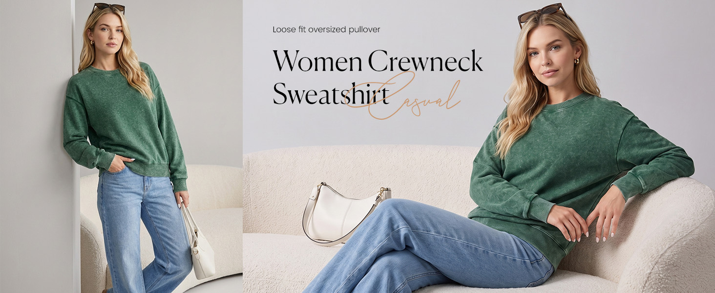 SHEWIN Oversized Sweatshirt For Women Round Neck Ribbed Basic Tee Shirts Fall Vintage Acid Wash Tops
