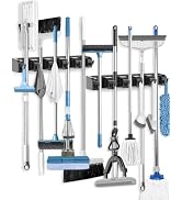 AceMining Broom Holder Wall Mounted, 5 Holders and 6 Hooks Mop Holder, ABS Plastic Brush Holder, ...