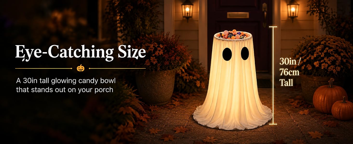 8-mode lighted ghost candy bowl with timer remote for Halloween outdoor porch decorations.