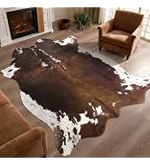 DweIke Faux Cowhide Print Rug for Living Room, 4.6 x 5.2 ft Brown Western Animal Cow Hide Rugs, N...
