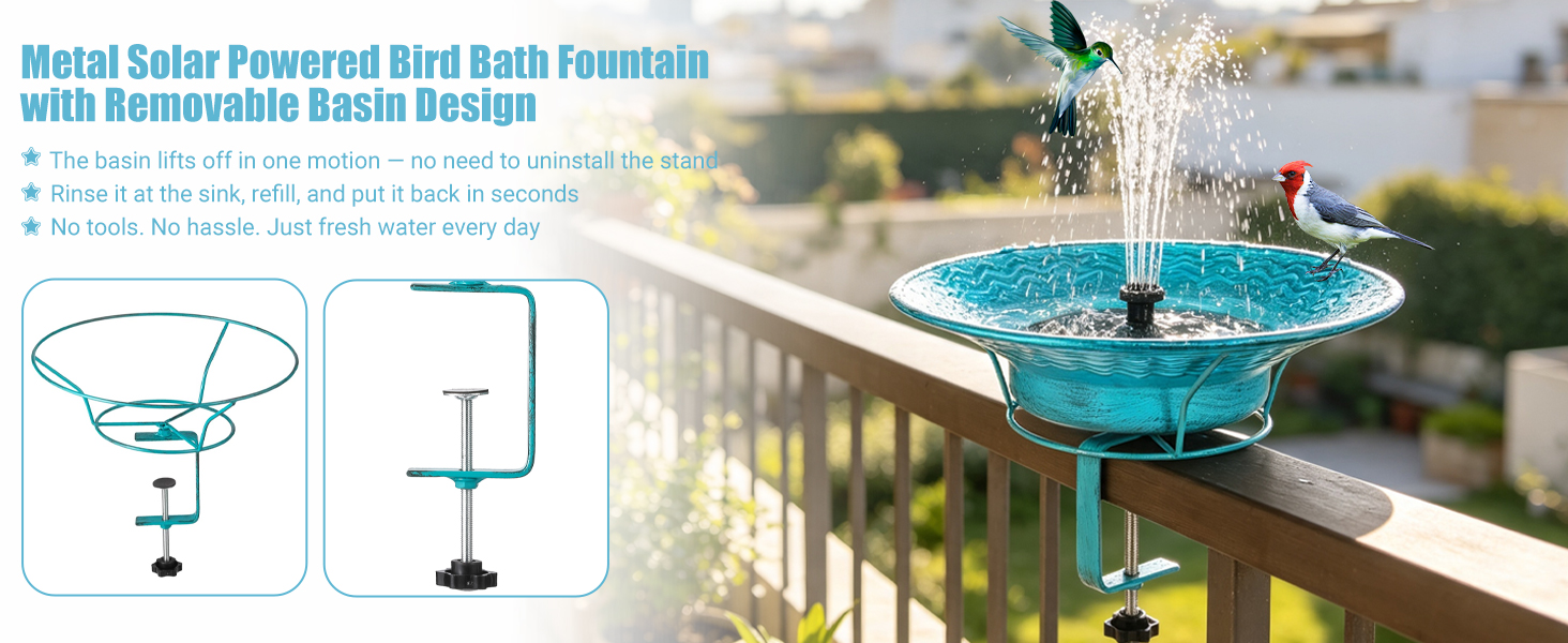 deck mounted bird bath with solar fountain