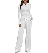 Trendy Queen 2 Piece Scoop Neck Lounge Set Womens Wide Leg Pants Side Ruching Slightly Crop Top S...