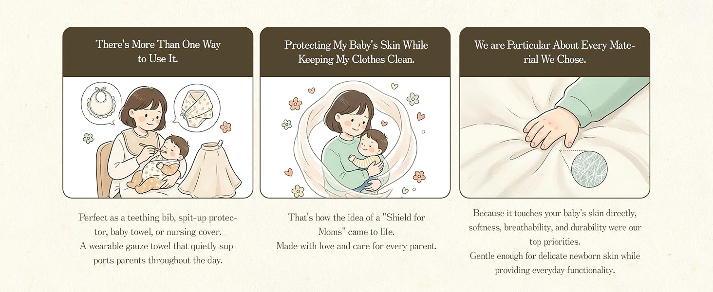Illustrated brand story – versatile mama shield made with materials safe for newborn skin