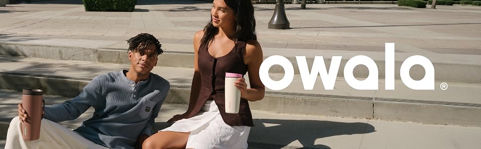 Image of a couple holding Owala SmoothSip Sliders sitting on stairs