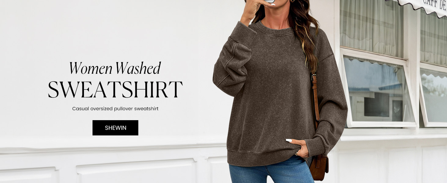 SHEWIN Long Sleeve Sweatshirt For Women Acid Wash Crewneck Loose Pullover Tops Fall Fashion Clothes