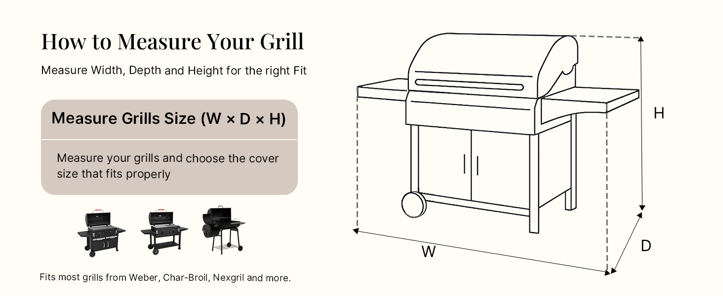 Measure grills size and choose a cover with proper fit, 600D fabric, vents and secure straps