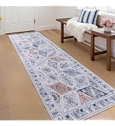 QDUIDU Moroccan 2x6 Runner Rug, Vintage Distressed Boho Floral Geometric Patchwork Washable Non S...