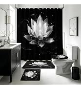 soeeao Black and Gold Bathroom Shower Curtain Sets with Rugs, Lotus Flower Shower Curtain and Bat...