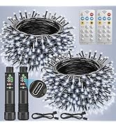 Rechargeable Battery Operated String Lights with Remote, 33ft 100 LED Rechargeable Battery Twinkl...